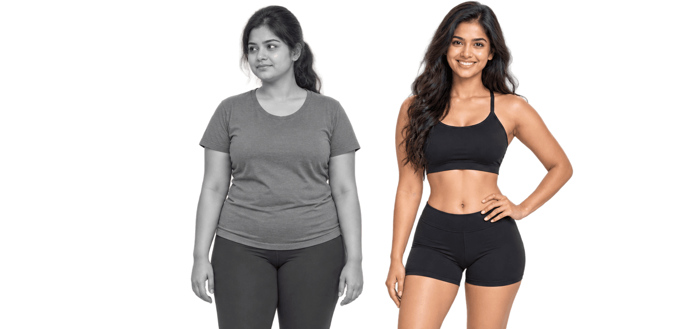 A weight-loss transformation, showing two women standing together