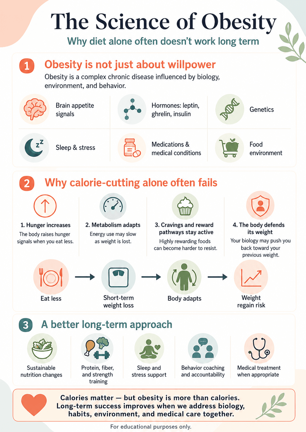 Infographic: The Science of Obesity — why diet alone often doesn't work long term, covering the biology behind hunger and weight regain and a better long-term approach.